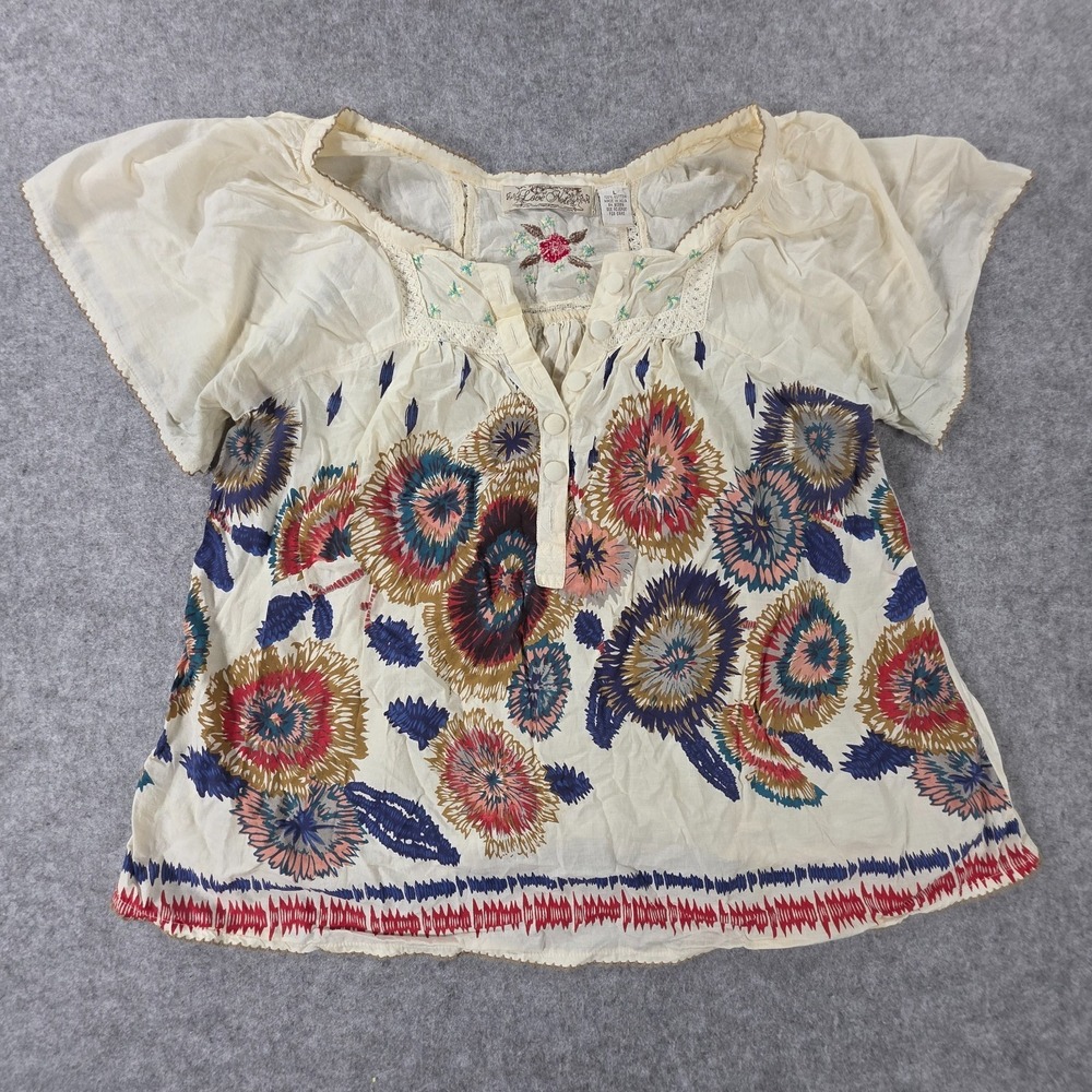 Anthropologie Love Notes Boho Floral Peasant Blouse Top Cream Size L Y2K